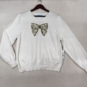 Draper James Sweater Womens XL Ivory Gold Beaded Bow Long Sleeve Puff Sleeve NWT